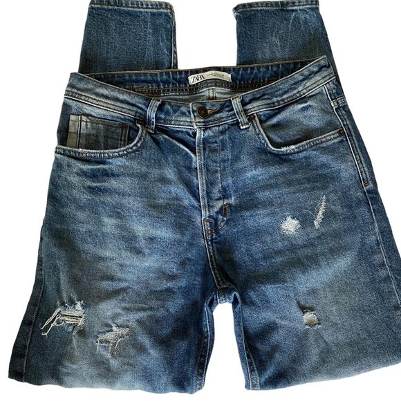 Zara High Rise Jeans Women 32 Distressed Ripped Button Fly Tapered Med Wash - Picture 3 of 16